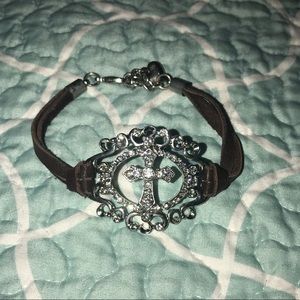 Leather bracelet with clear crystal cross